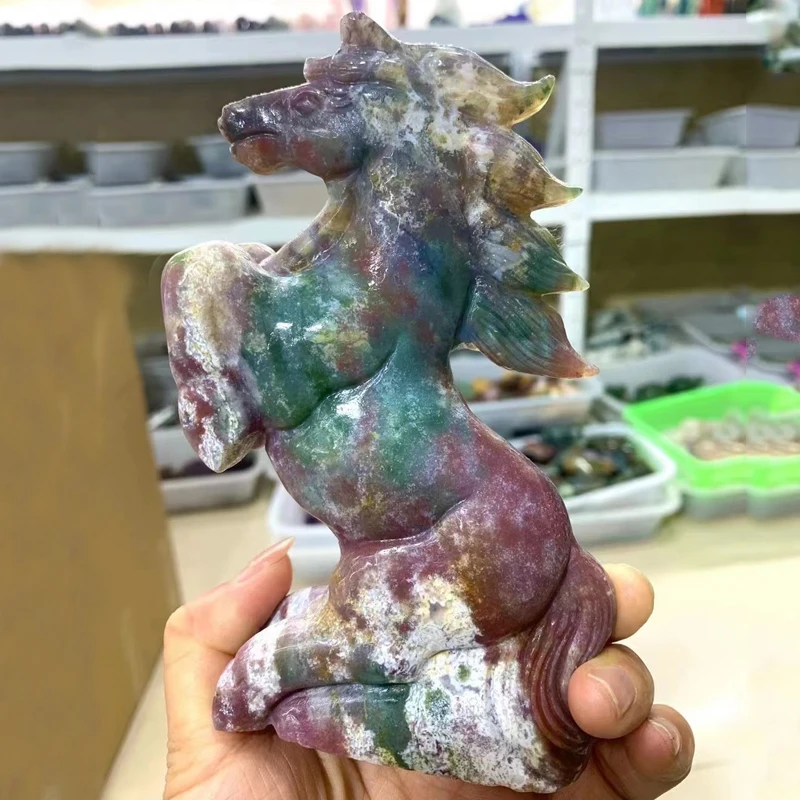 Natural Ocean Jasper Horse Statue Home Decor Colorful Quartz Crystal Gemstone Rock Carved and Polished Harmony Animal Nice Gifts