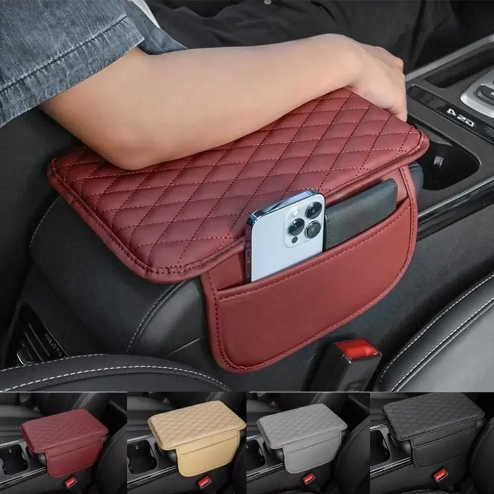 PU Leather Center Console Protector Cover Universal Car Arm Rest Mat Elbow Support Armrest Box Cushion with Pocket