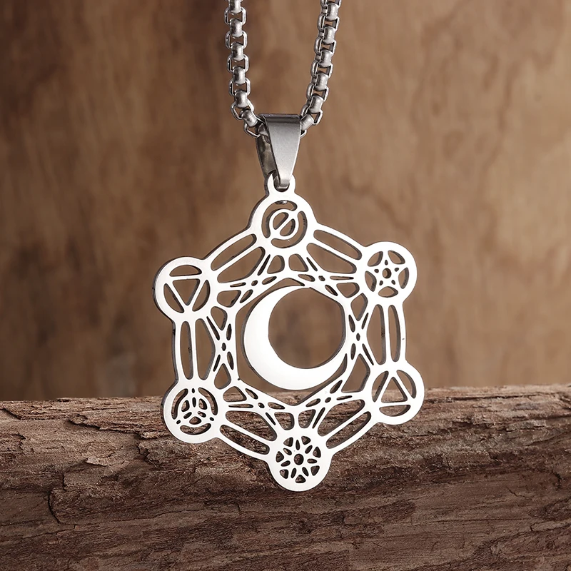 Classic Stainless Steel Archangel Metatron Cube Pendant Flower of Life Moon Necklace for Men Women Punk Hip Hop Cool Jewelry