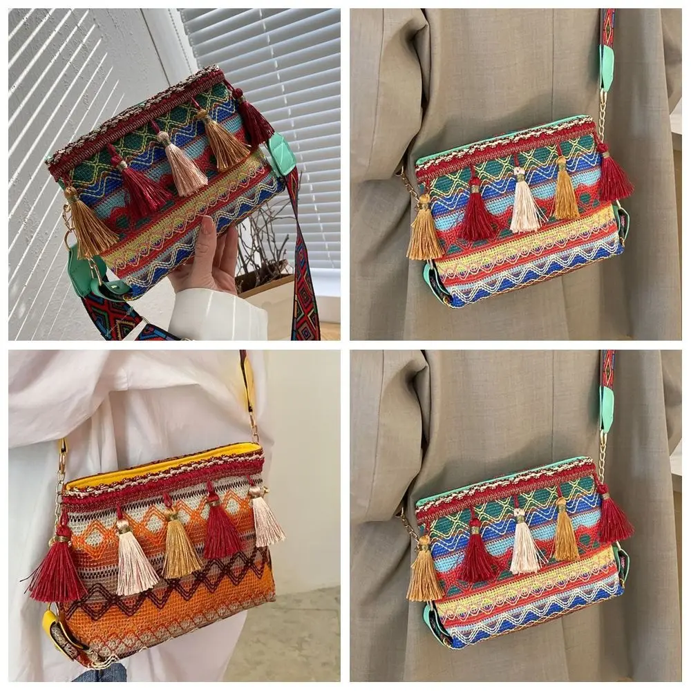 

Portable Tassel Ethnic Style Crossbody Bags Woven Large Capacity Fringe Shoulder Bag Geometric Handbag Bohemian Phone Bag Travel