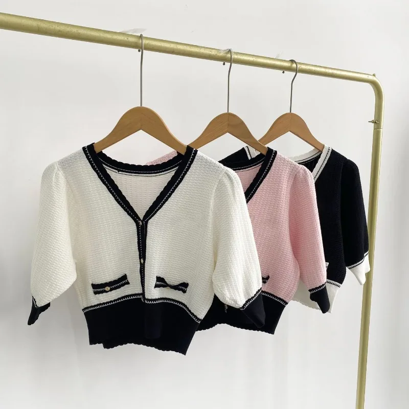 

Japan Style Small Fragrance Cardigans Femme Contrast V-neck Sweater Single Breasted Ropa Mujer Knitwears Sueters Spring Summer