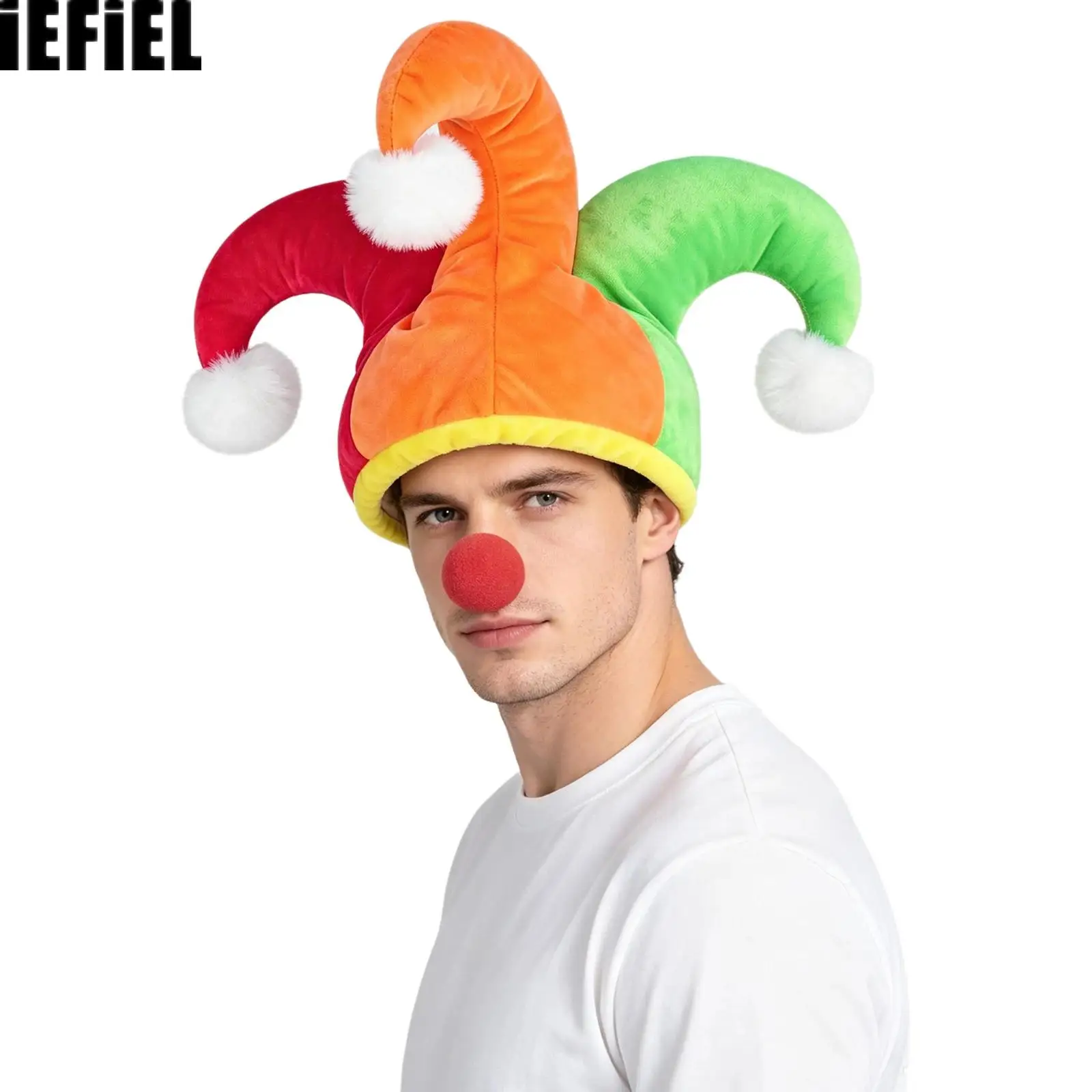 Men Women Contrast Color Brimless Clown Hat Cap with Pompoms for Jester Themed Party Cosplay Stage Performance Halloween