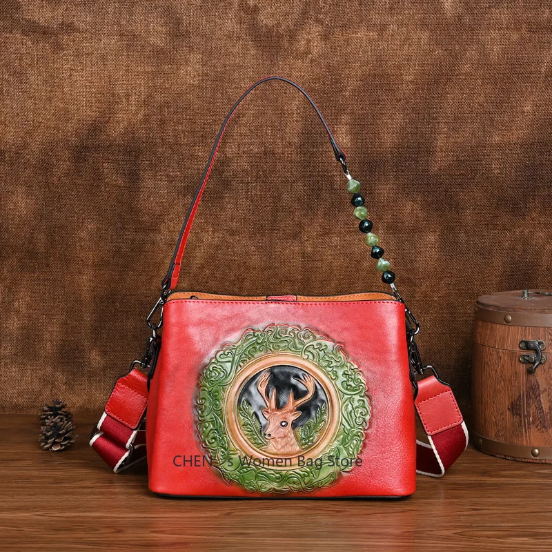 

2025 New Genuine Leather Women's Bag Retro Soft Cowhide Handbag Handmade Animal Prints Shoulder Bags