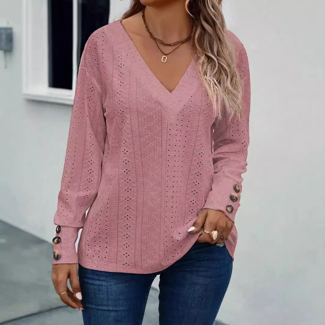 Camisa de manga larga calada de talla grande para mujer, camisas de gran tamaño de color rosa liso con cuello de pico, para oficina, otoño y primavera