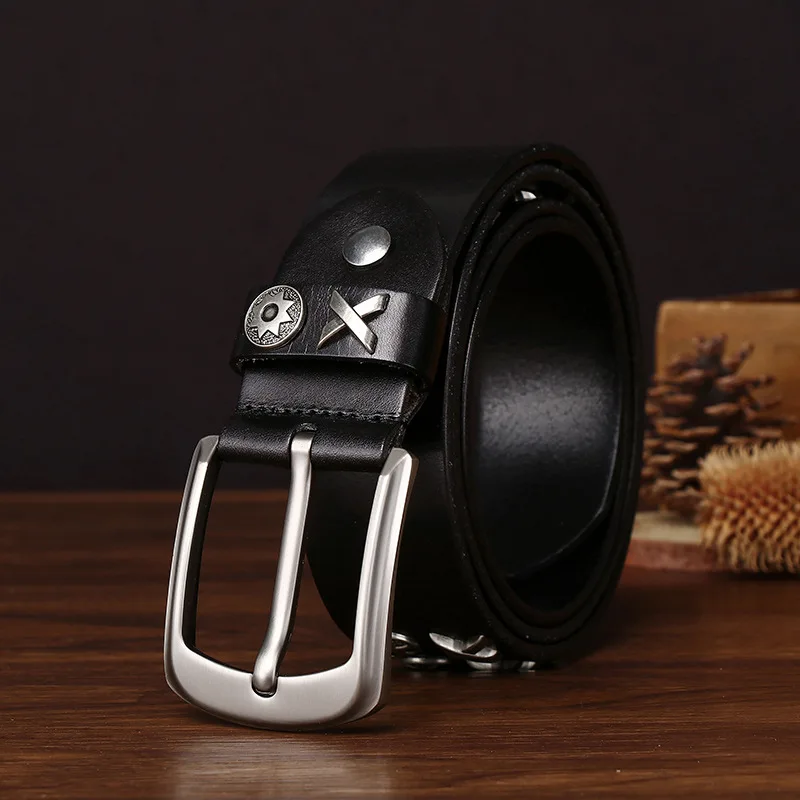 3.8CM New Cowboy Punk Pin Buckle Neutral Belt Real Genuine Leather Cowhide Belt Metal Stud Rivet Jeans Belts For Men Hiphop Rock