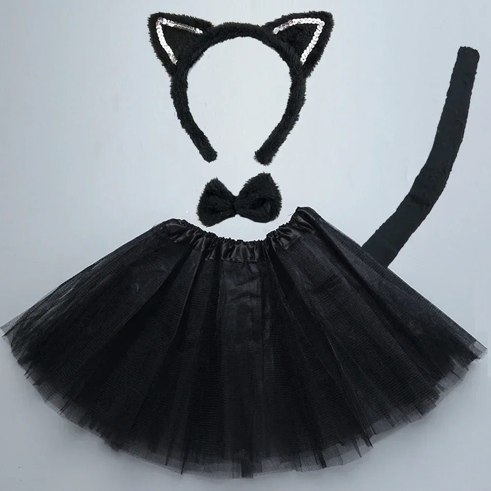 Ragazza bambini bianco nero gatto Set orecchio fascia gonna fiocco guanto coda Fancy Dress puntelli compleanno Halloween Costume Cosplay capodanno