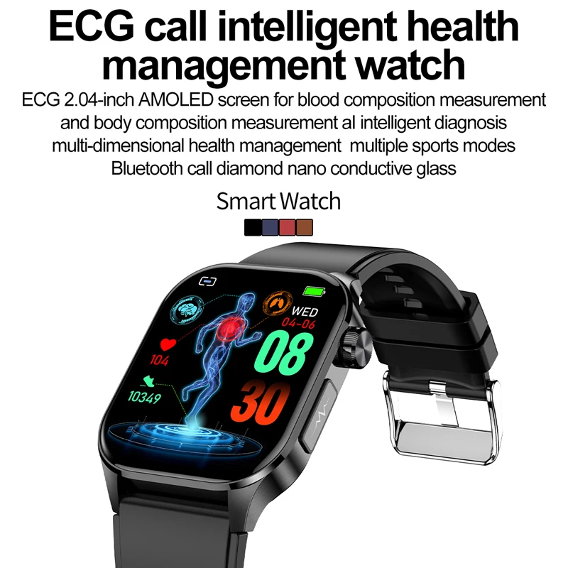 NAMOFOTO AMOLED BMI ECG 혈액 지질 압력 산소 SOS BT 통화 피트니스 스마트 워치, 남성용 스마트워치, 2.04 인치, 2024 신제품