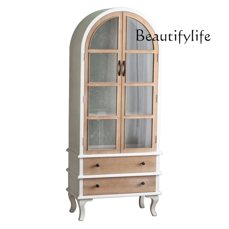 Franse retro dennenboog boekenkast woonkamer decoratieve locker studie gehard glas dubbele deur hoge kast