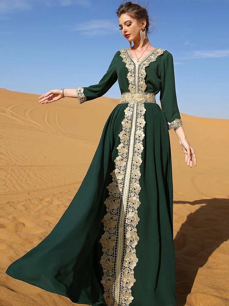 

Lace Waist-Tight Dark Green Dress Foreign Long for Travel/Vacation Court Gorgeous Middle East Dubai Robe