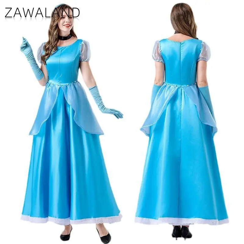 

Zawaland Princess Cosplay Costume Short Sleeved Blue Long Dress with Gloves Stage Performance Outfit Halloween Party Dress Up
