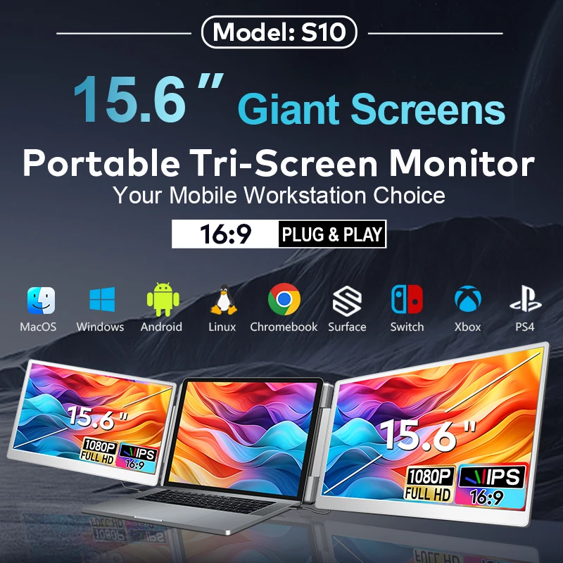 Extensor de tela para laptop, monitor triplo IPS de 15,6" FHD 1080P estendido para laptop de 12"-18,5", Mac, Wins, Android, Switch