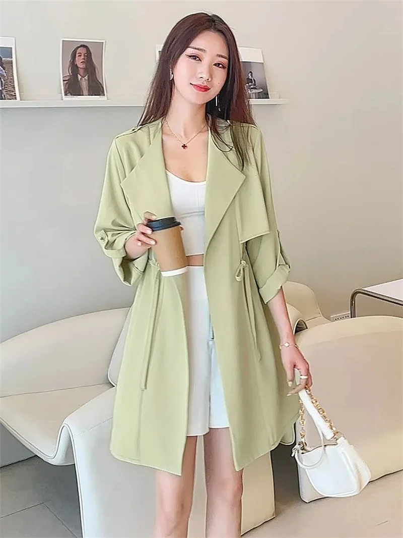 Autumn Windbreaker New Women\'s Thin Coat Korean Version 2023 Single-Layer Fashion Drawstring Slim Trench Coat Top with 3/4 Sleev