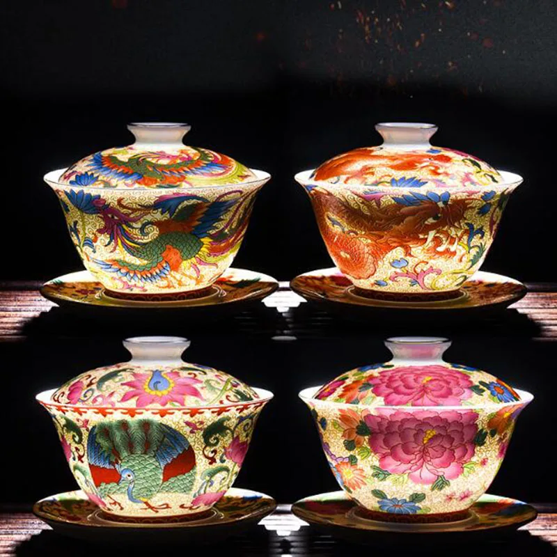

Enamel Dragon Phoenix Sancai Gaiwan Tea Infuser Bowl Kungfu Tea Cup Kitchen Teaware Drinking Accessories 400ml