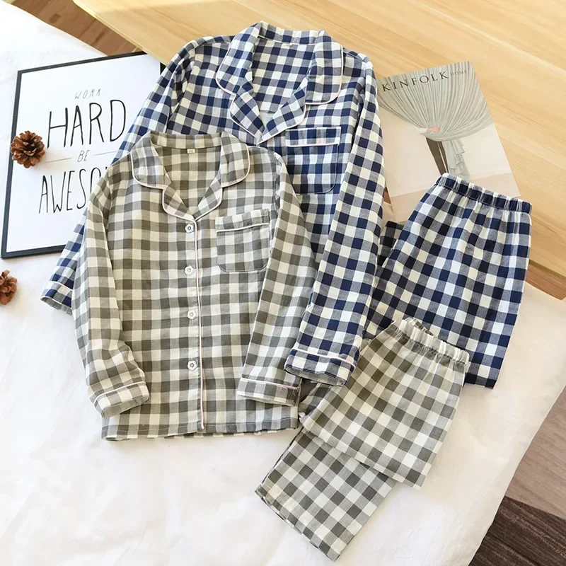 Spring Cotton Double Layer Gauze Home Suit Couple's Long Sleeve Pants Plaid Pajamas Casual Loose Women and Men Two Piece Set