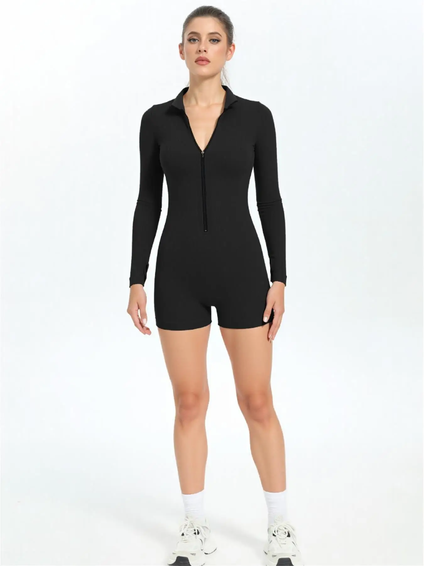 Seamless body-shaping solid color ribbed stand-up collar long-sleeved jumpsuit, women's running sports zipper yoga fitness suit