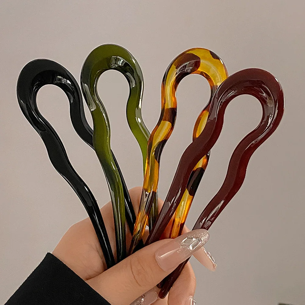 French Styles Wavy U Shaped Hairpins 2 Prong Resin Hair Forks For Buns Chignons Women Girls Party Hairstyle Accessories - 4