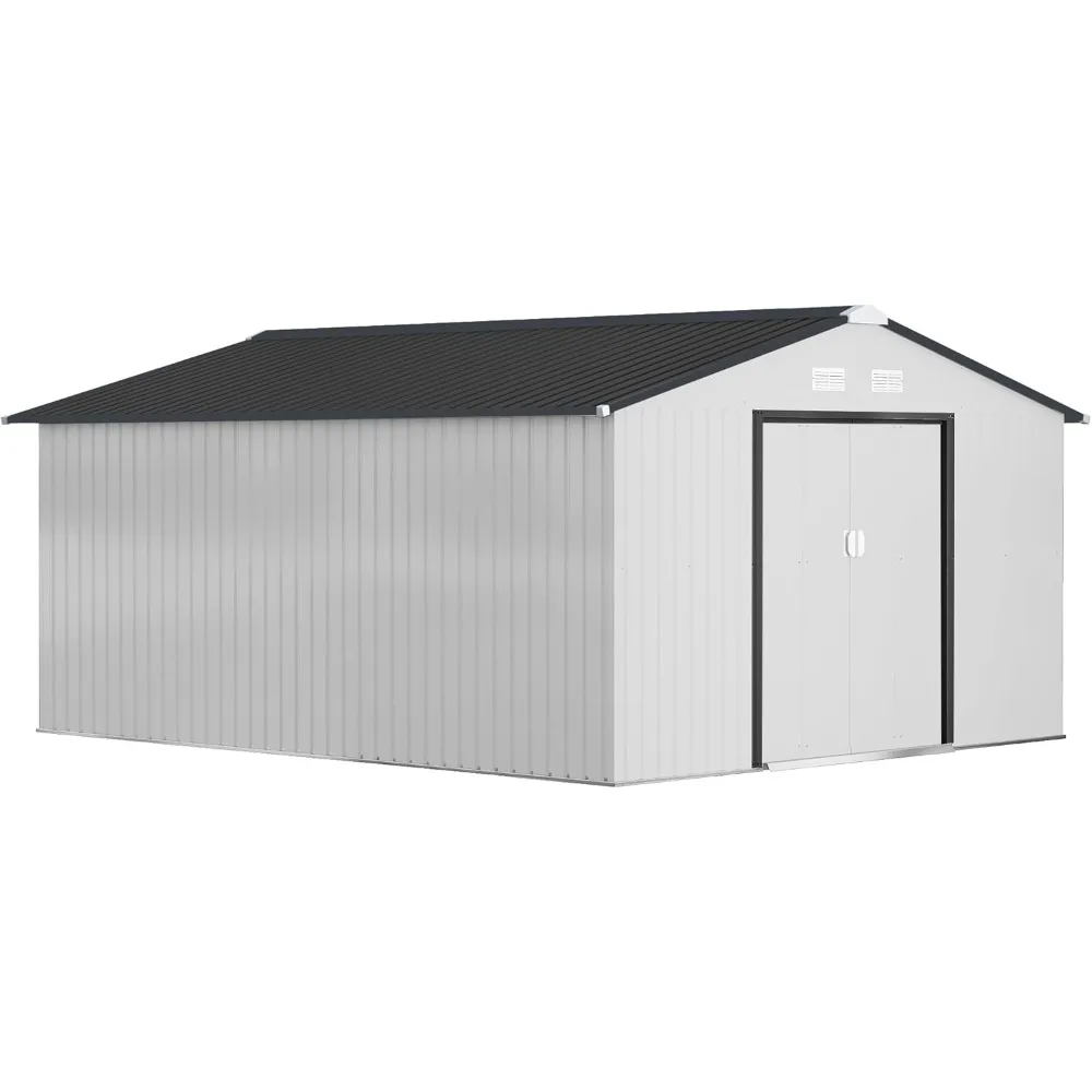 11' x 13' Outdoor Storage Shed, Garden Tool House Foundation Kit, 4 Vents and 2 Easy Sliding Doors Backyard, Patio, Garage