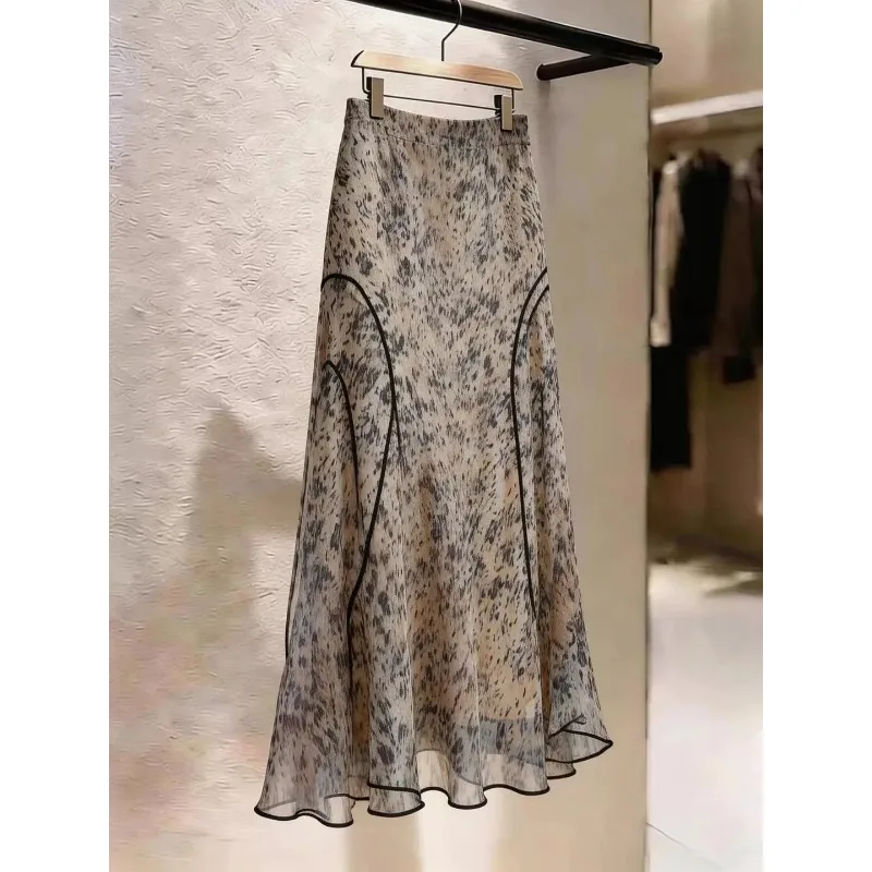 

French Gentle Style Women Spring Summer Printed Mermaid Skirt High Waist Commuter Slim Long Skirt