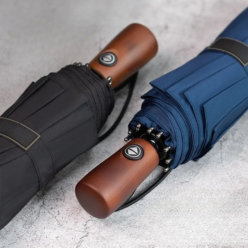 

10 Bone Tri-fold High-end Simple Enlarged Thickened Reinforced Windproof Wooden Handle Sunny Umbrella Car-mounted Parasol