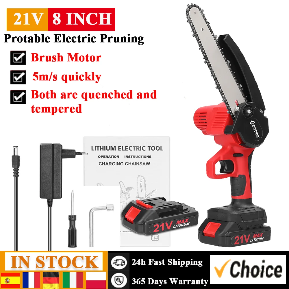 21V 8inch Electric Pruning Saws Small Wood Splitting Chainsaw Brush Motor One-handed Woodworking Tool with Lubrication System