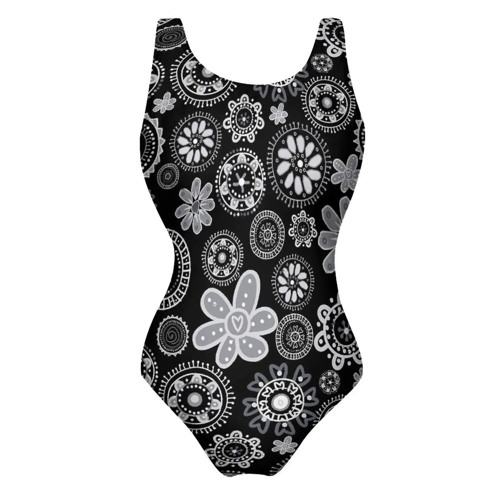 Abstract Ditsy Floral Swimsuit Black White Push Up Swimwear One Piece Holiday Rave Bathing Suit Bodysuit Sexy Design Beach Wear