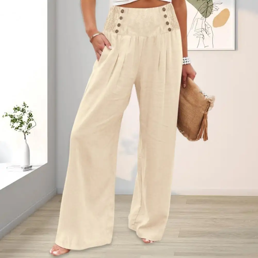 Estate 2024 pantaloni Casual da donna larghi bottoni elastici in vita Decor pantaloni lunghi tasche a gamba larga pantaloni Streetwear