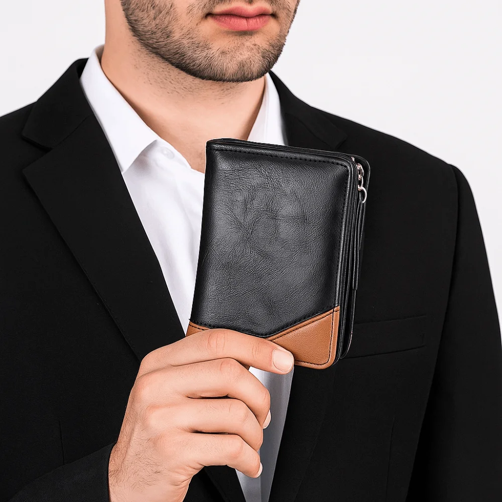 Pu Leather Men Short Wallet Zipper Color Blocking Business Clutch Bag Large Capacity Multi Card Slot Men Card Holder Men