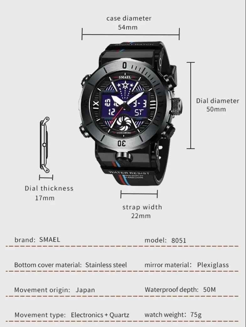 New SMAEL Watch For Mens Sport Watches Dual Display Digital Alarm 8051 Clock Shock Led Watch Waterproof