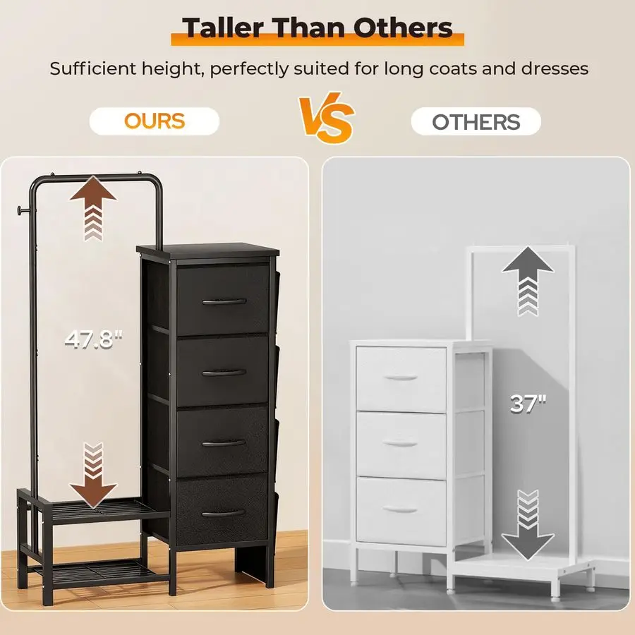 Cómoda con estante colgante, 4 cajones, 4 bolsas laterales, cómoda de tela con estantes inferiores, 52 perchero alto para mujer