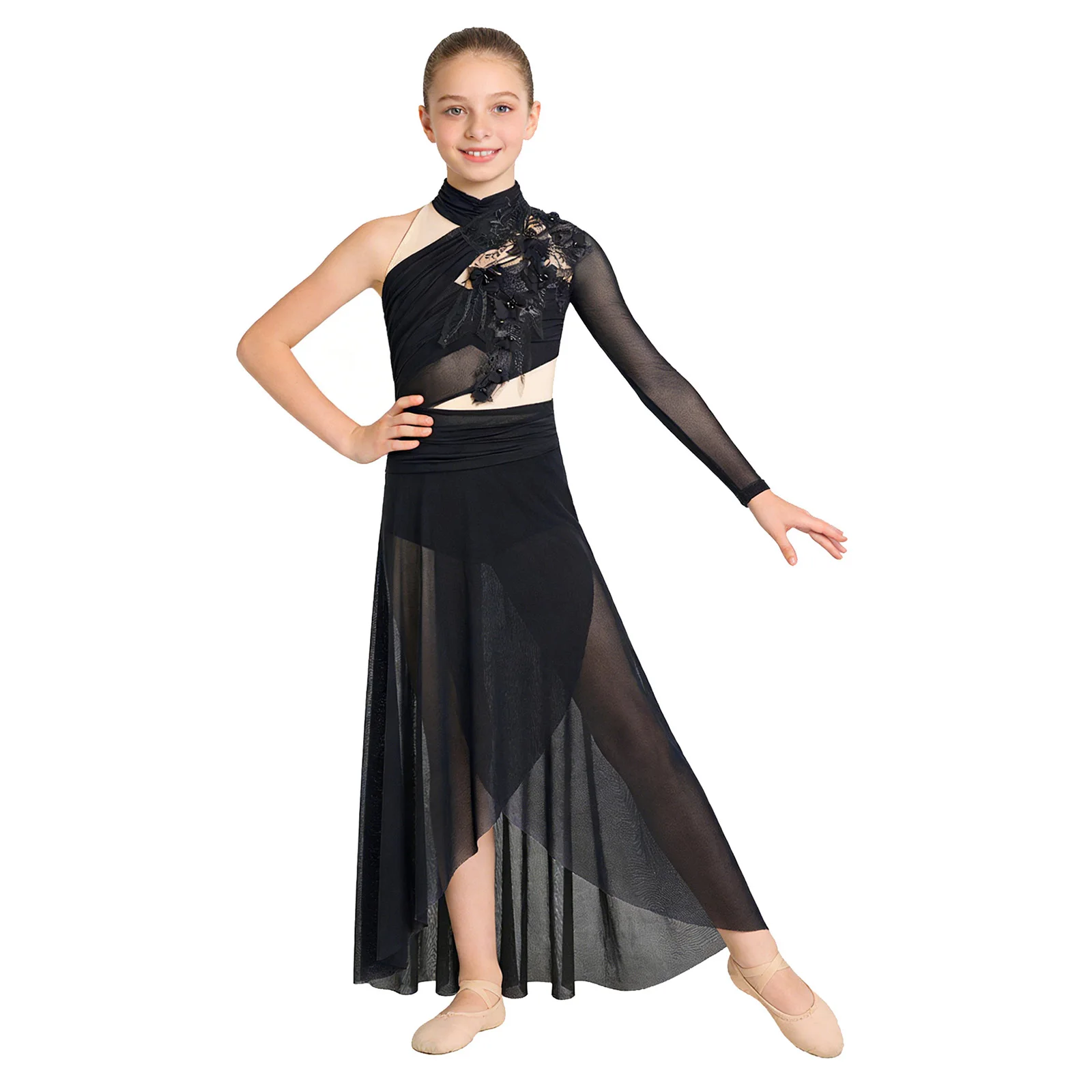 Girls Lyrical Contemporary Dance Dress One-shoulder Applique Sheer Mesh Ballet Figure Skating Artistic Gymnastics Leotard Dress image 2