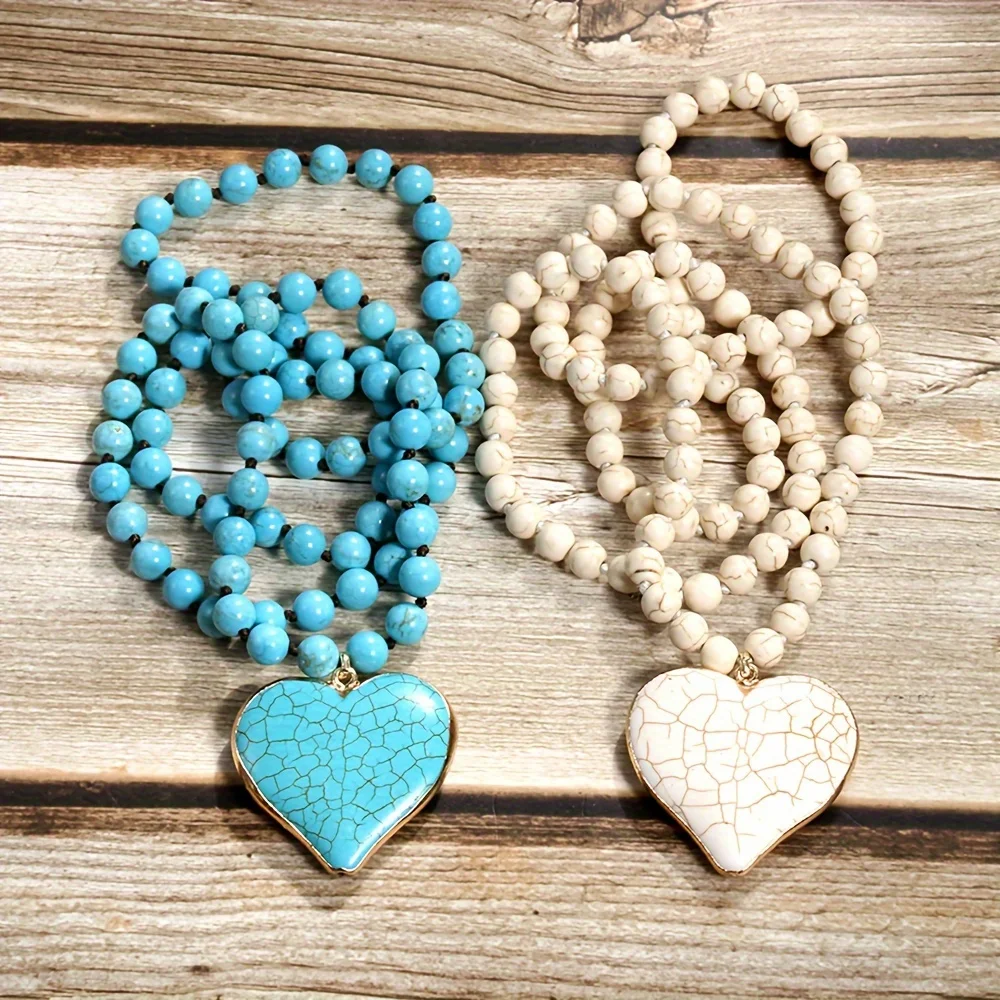 Bohemian national style Heart pendant necklace Handmade beaded stone long necklace women popular retro necklace