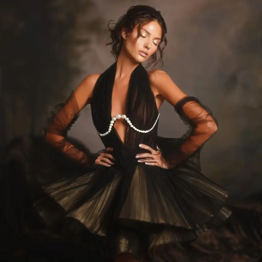 

Elegant Black Dress With Deep V Neckline And Sheer Sleeves Features Pleated Skirt And Pearl Necklace Accessory Halter Gowns
