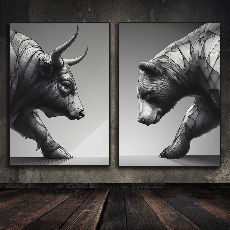 Motivational Stock Market Crypto Trading Bull and Bear Sculpture Canvas Painting Print Poster Wall Art for Home Office Decor