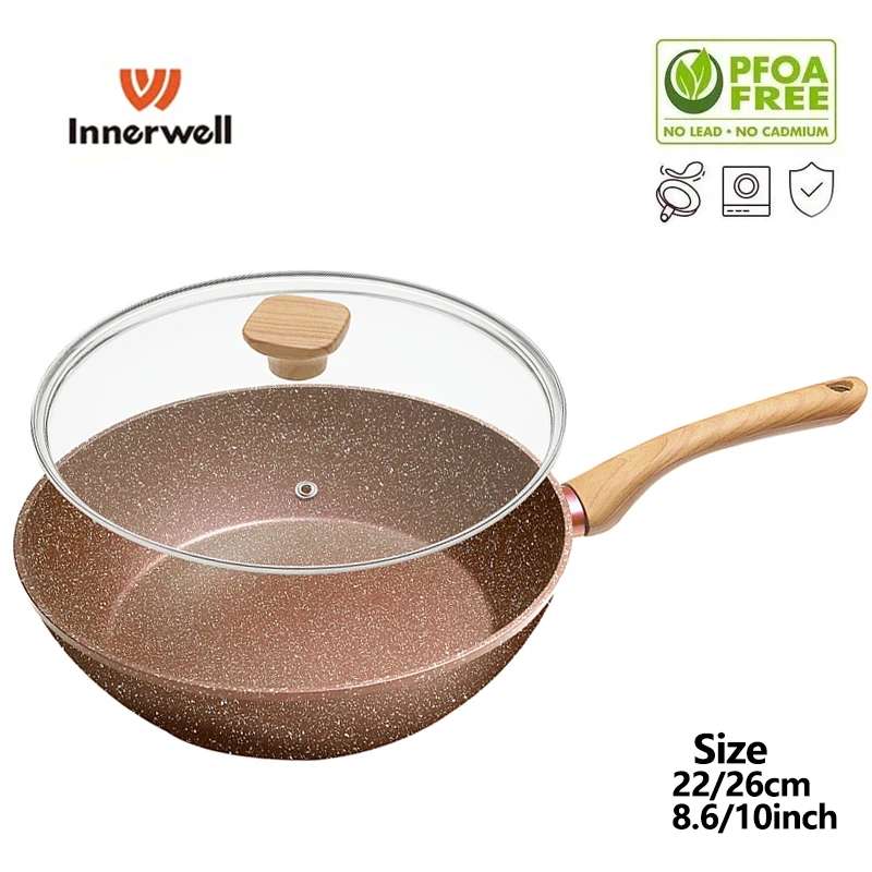 

Kitchen 8.6/10inch Frying Pan Wok with Lid Nonstick Nontoxic Skillets Pie Chicken Steak Seafood Cooking Pots Suitable All Stoves