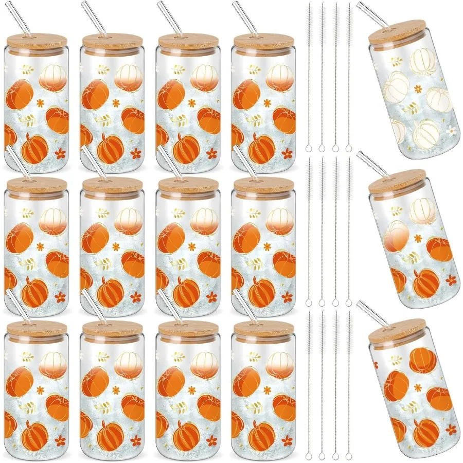 

12 шт. Осенние стеклянные стаканы, 16 унций, меняющие цвет, стеклянные стаканы в виде тыквы с крышками и соломинками, в комплект входит чистящие щетки, веселая осень