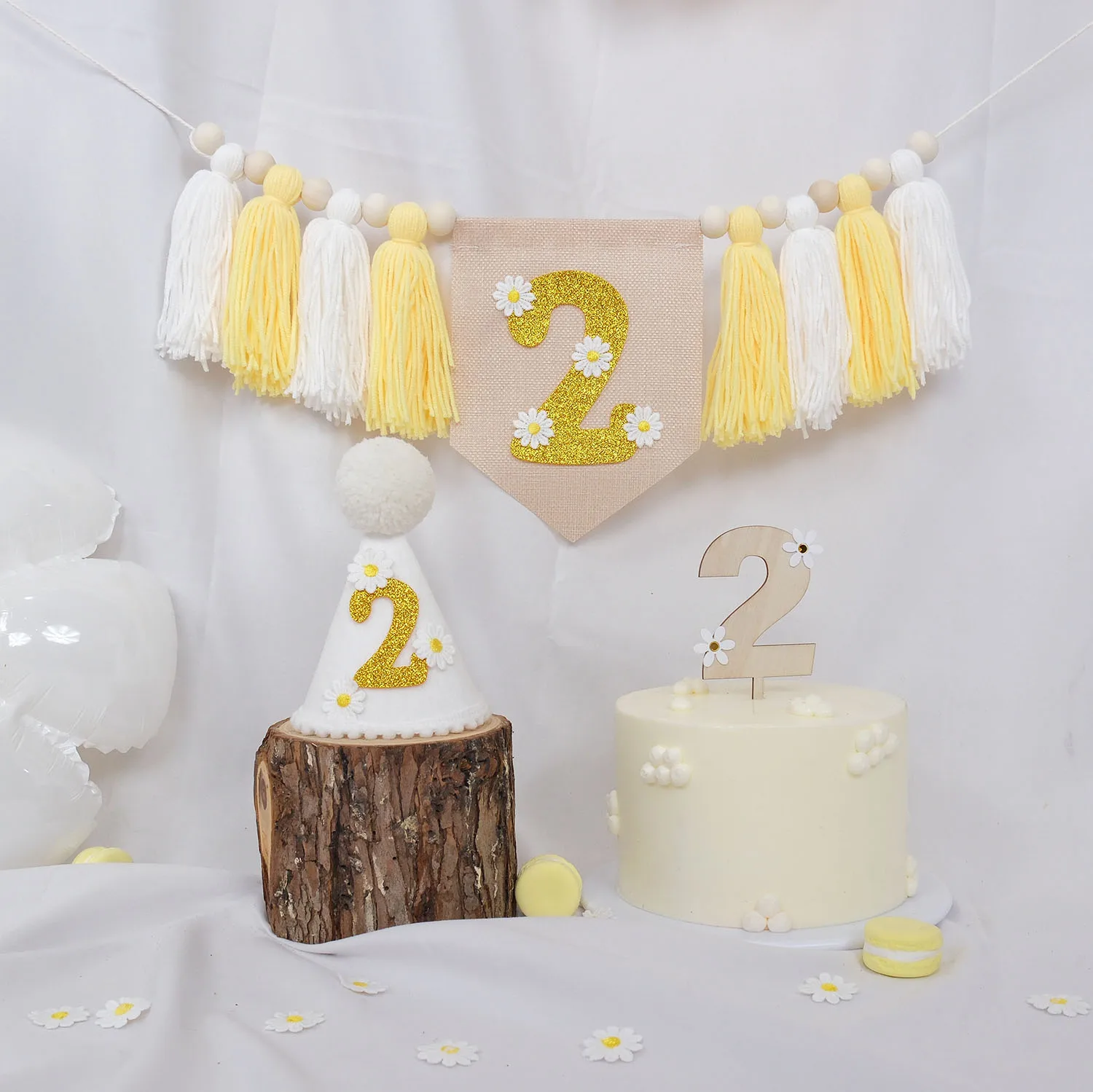 Frühlings-Gänseblümchen-Thema 2. Geburtstags-Banner, Hochstuhl-Banner mit Quastenkranz, 2. Geburtstags-Tüllhut, Kuchendekoration – Detail 4