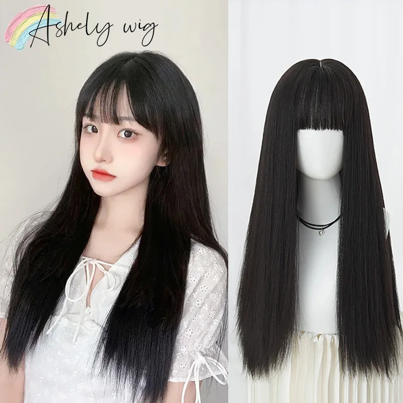 

Long Straight Wig with Bangs 24inch Synthetic Wig for Women Lolita Natural Soft Heat-resistant Fiber Wigs for Daily Party Use