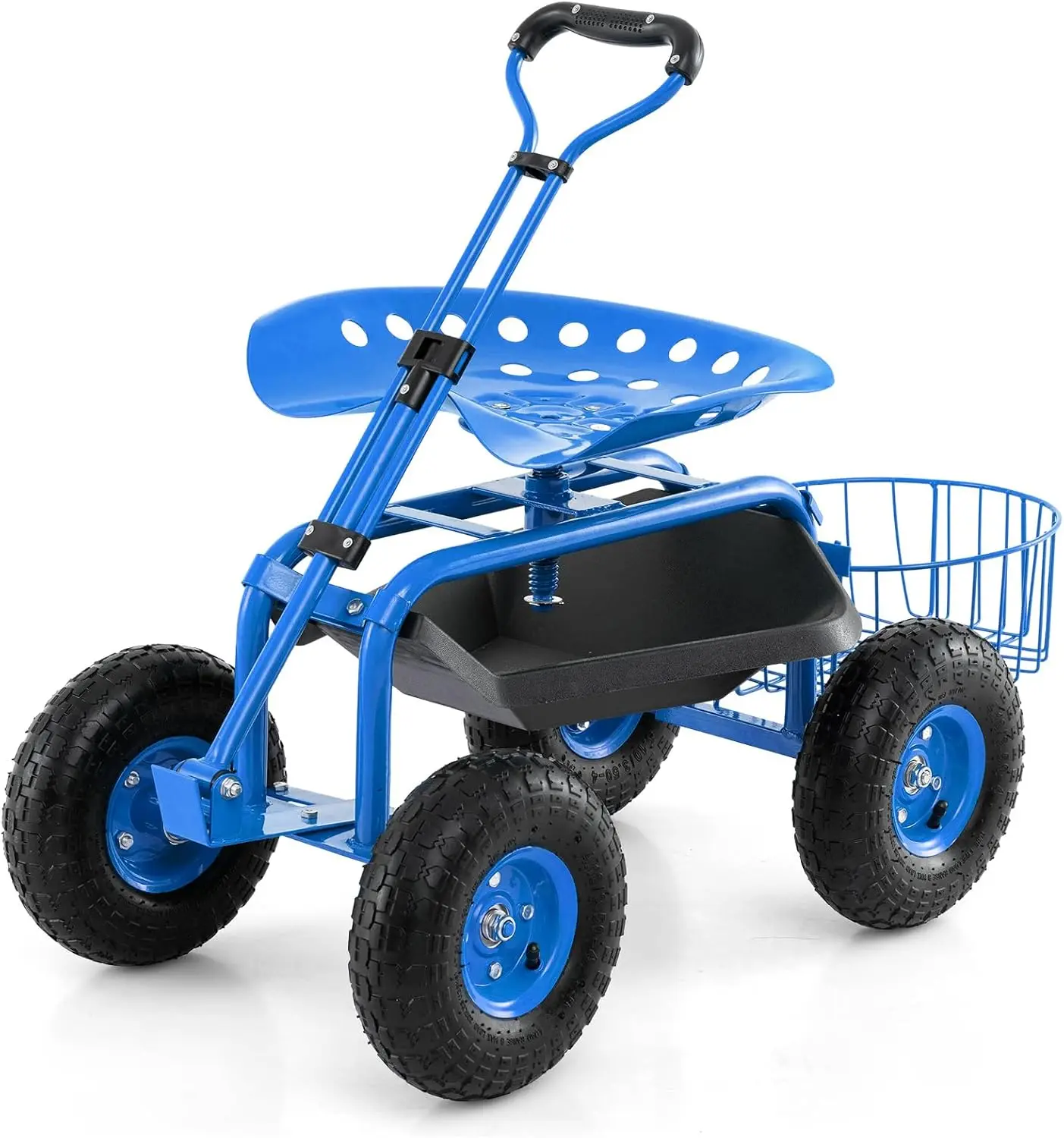 

Rolling Garden Workseat with Wheels, Swivel Stool Cart Storage Basket Adjustable Height Outdoor Planting Seat Blue