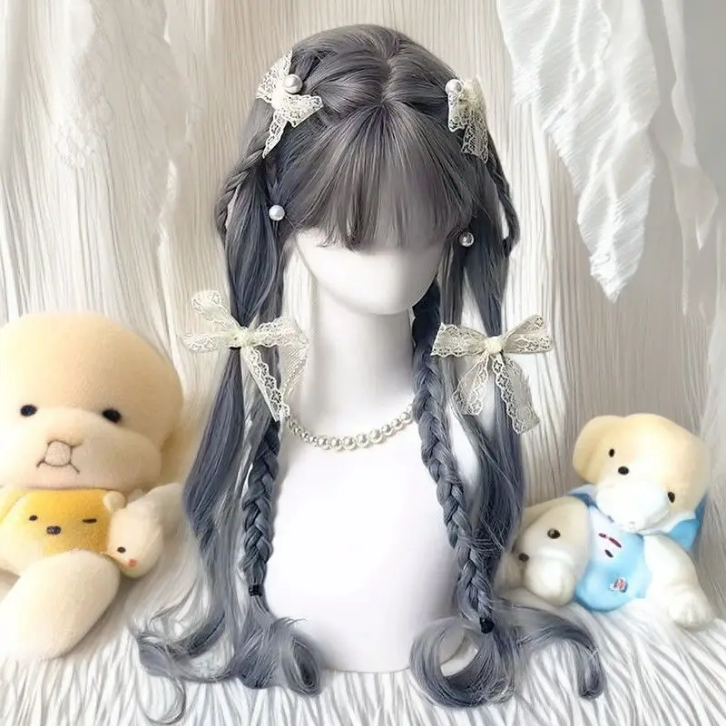 วิกผมคอสเพลย์สีฟ้าหมอกใหม่ - ผมลอนธรรมชาติ ทนความร้อน ผมสังเคราะห์ ทรงผมยาวหยิกสไตล์โบฮีเมียน