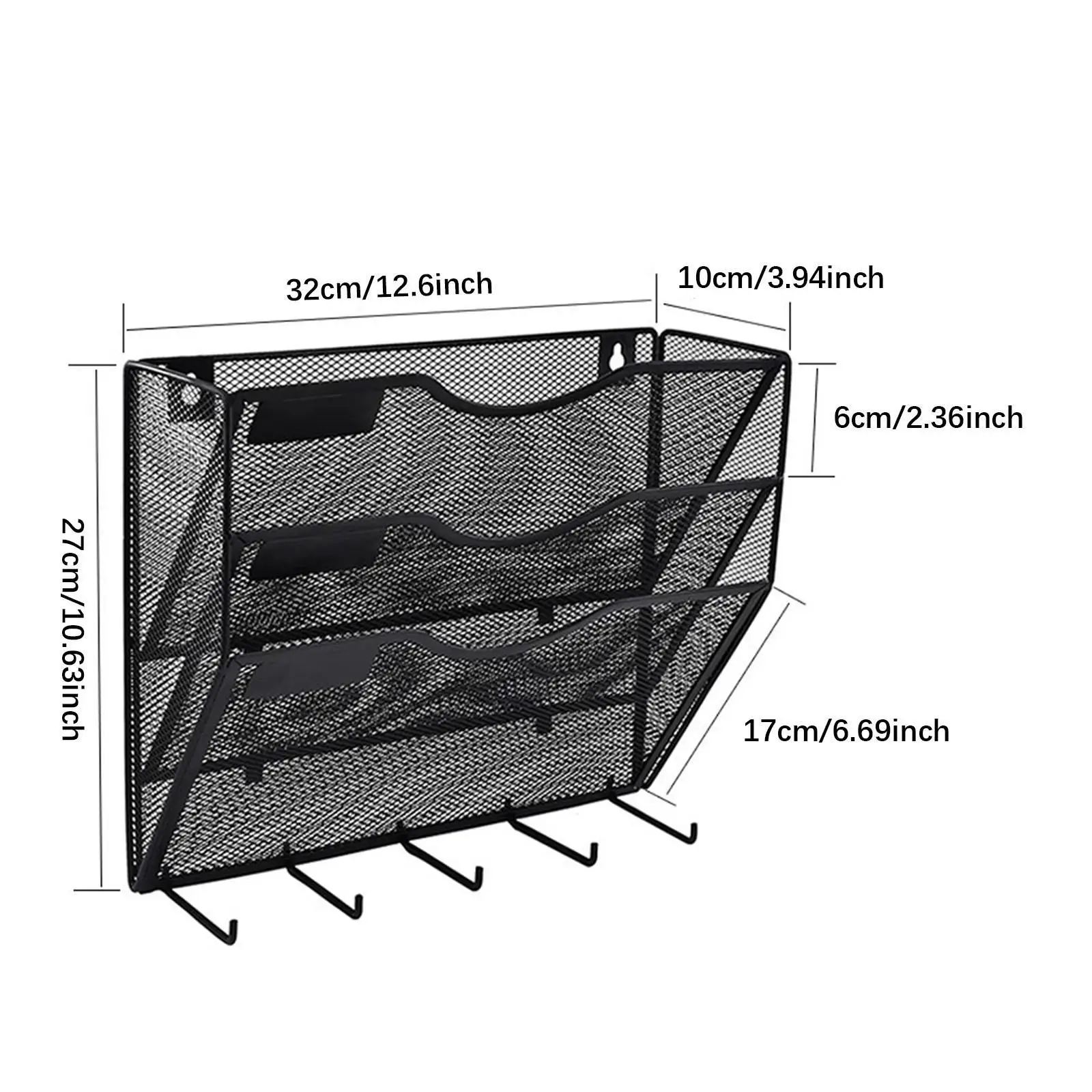 Organizador de correio de arquivo de parede instala facilmente malha de metal 3 camadas economia de espaço com ganchos para classificar catálogos de literatura pasta de papel
