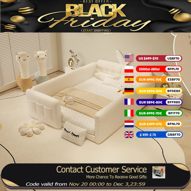 

Design Soft Girls Double Bed Modern Luxury Leather Floor White Children Beds Frame Queen Letto Bambini Furnitures For Bedroom