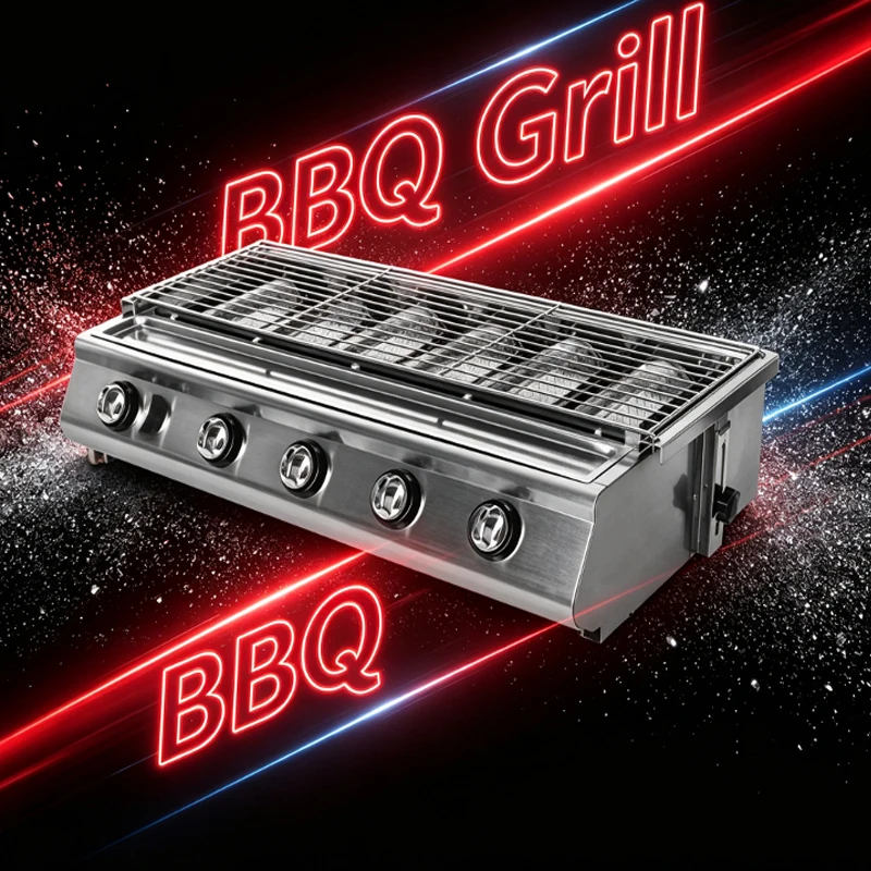 Tabletop Smokeless BBQ Grill with 6 Burners Portable Gas Barbecues Griddle 6 Independent Switches Roaster Meat Stove