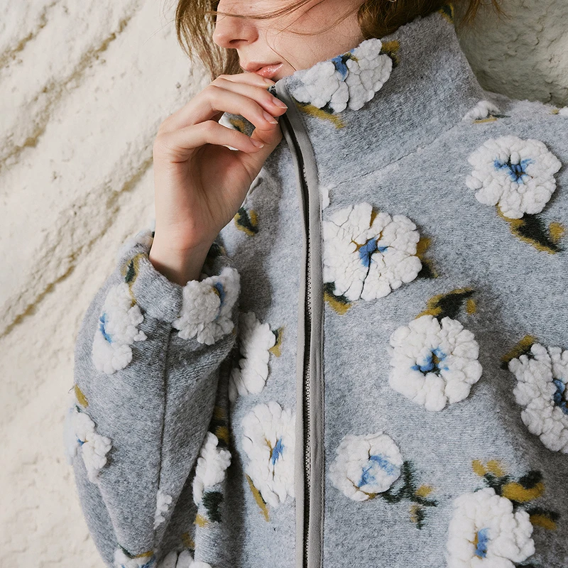 Women's Fleece Jacquard Jacket with Stand Collar - Winter Outerwear
