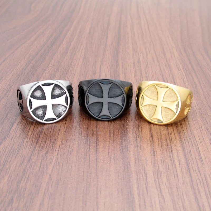 Punk 316L Stainless Steel Gold Plated Iron Double Cross Knight Templar Ring For Gift