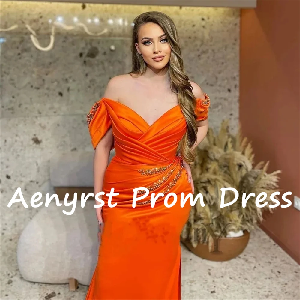 Aliyrst-V Neck Off Shoulder Prom Vestidos, Cetim Sereia, Beading Vestidos de Noite, Vestido de Festa Até o Chão, Longo, Laranja