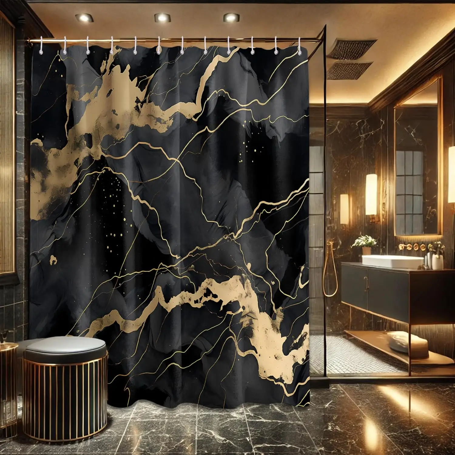 

Extra Long Marble Black and Gold Shower Curtain rn Abstract Bathroom Decor