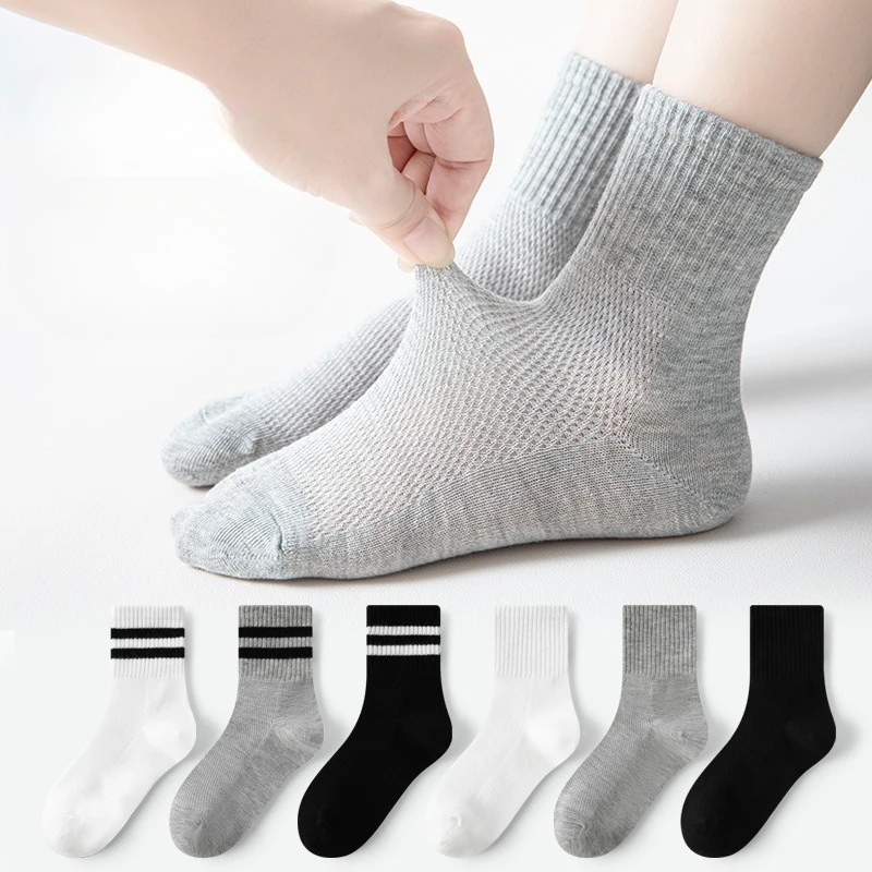 

Children's Socks Spring Summer Thin Mesh Breathable Boys Girls Middle Tube Cotton Socks Black White Grey Student Sports Socks