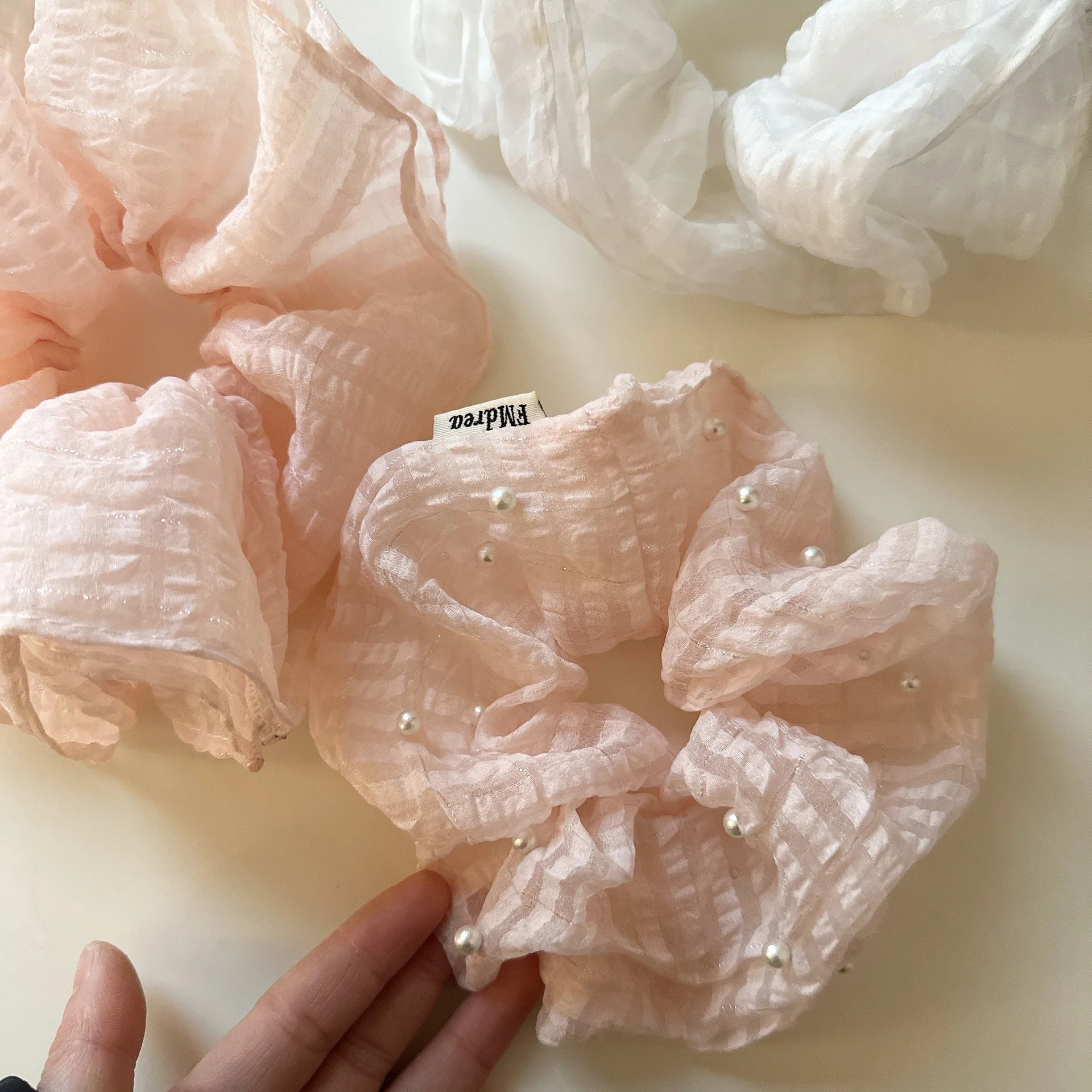 Premium Fluffy Scrunchie Mesh Striped Pearls Large Hair Ring for Messy Bun Low Pony Tail Soft Elastic Skirt Style