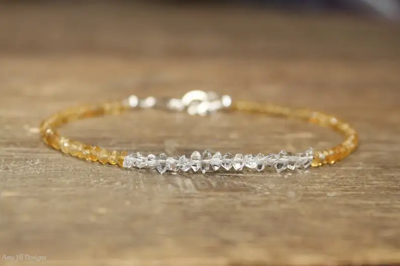 Citrine Herkimer Diamond Bracelet, Citrine Jewelry, November Birthstone, Beaded, Stacking Bracelet, Gemstone Jewelry