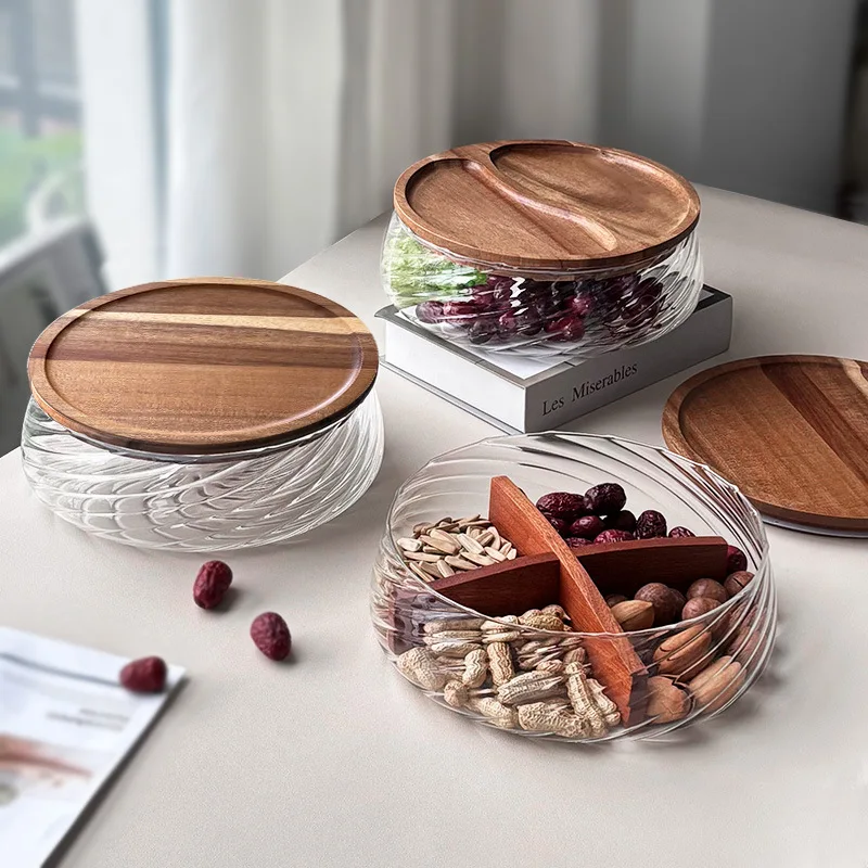 

Japanese Style Glass Fruit Plate - Living Room Candy Bowl, Dry Fruit Tray & Wooden Sealed Storage Box, Decorative Organizer